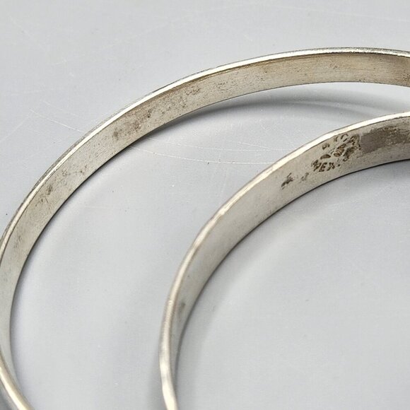 Sterling Silver Bangle Bracelets 925 Taxco Mexico Pair Panel Plain Handmade - Picture 10 of 15